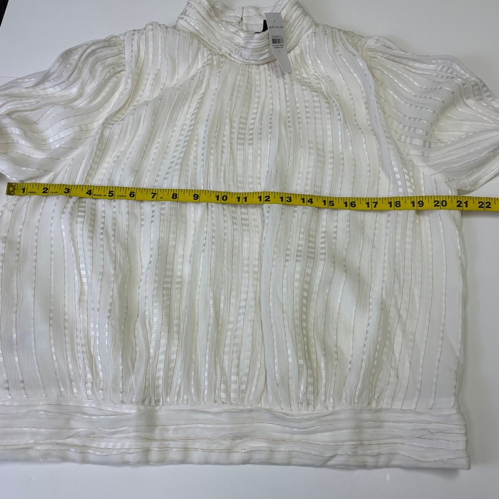 NEW Ann Taylor White Gold Metallic Stripe Mock Neck Blouse Large Bohemian - Picture 15 of 16